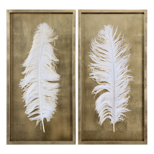 White Feathers Gold Shadow Box Set of 2